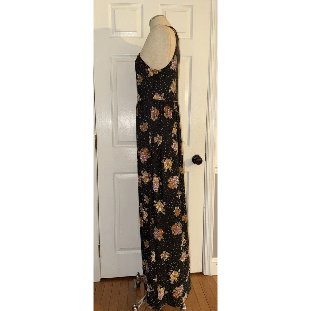 Free People Vintage Boho Black Floral Jersey Dress Slit Size L Large Maxi Halter